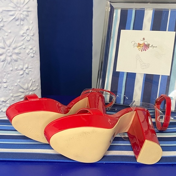 Red patent chunky platform ankle strap high heel sandals Mackin J sz 10 - Picture 9 of 11